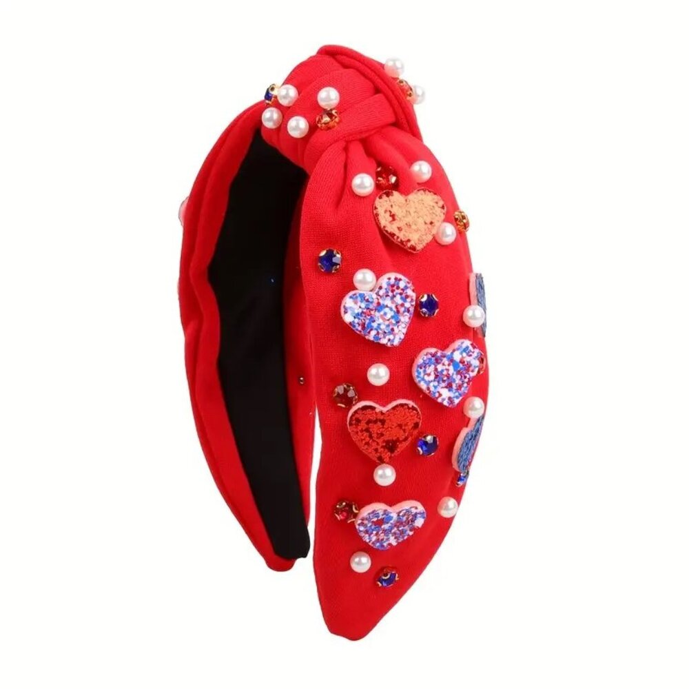 Red Heart & Faux Pearls Patriotic Headband